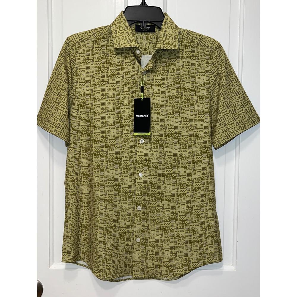 NWT Murano Performance Slim Fit Shirt Mens Small Green Geometric Tribal Print